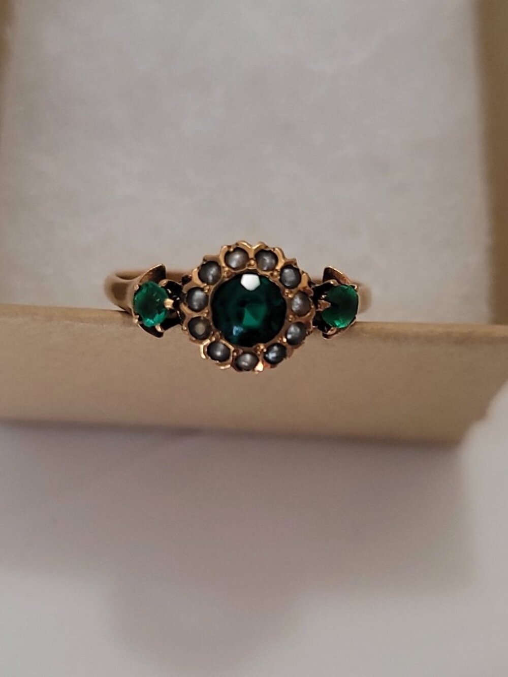 Antique Emerald Green Stones Pearls 10k Gold Victorian Ring May June Birthstones - Picture 8 of 16